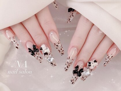 心斎橋ネイルサロン NA nail salon｜レオパードネイル 黒リボン ビジュー