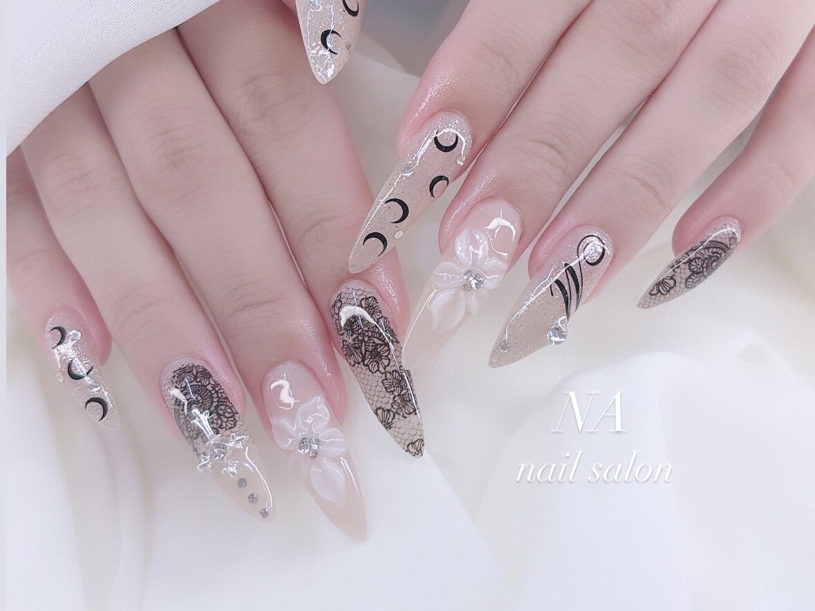 心斎橋ネイルサロン NA nail salon｜アートネイル 黒レース 3Dフラワー ビジュー 長さ出し