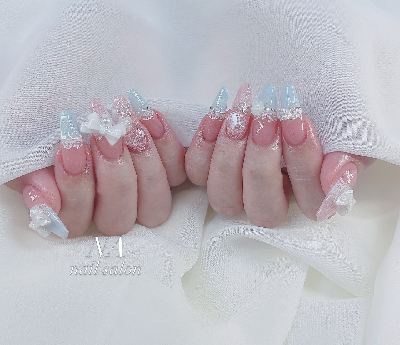 心斎橋ネイルサロン NA nail salon｜フレンチネイル ブルーレース 3Dリボン ブライダル 長さ出し