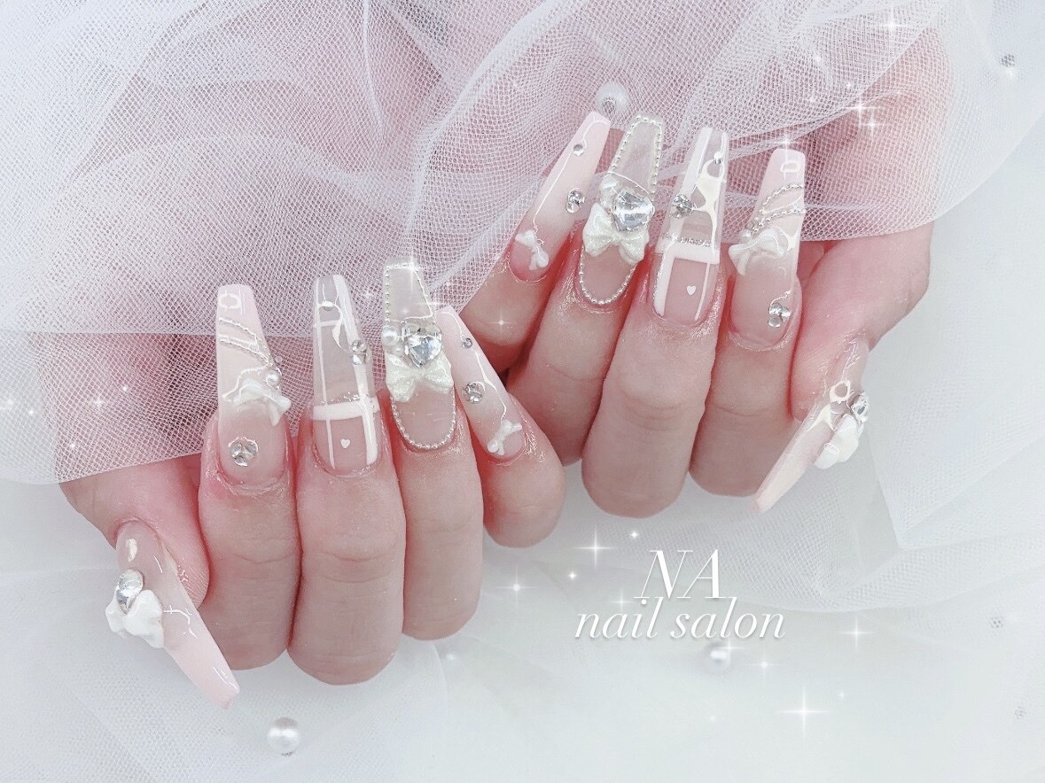 心斎橋ネイルサロン NA nail salon｜アートネイル 3Dリボン ハートビジュー チェック柄 ピンクグラデ 長さ出し