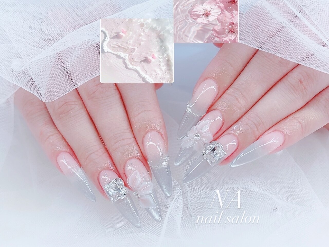 心斎橋ネイルサロン NA nail salon｜ちゅるんネイル 桜ネイル 3Dフラワー ビッグビジュー クリアグレー 長さ出し